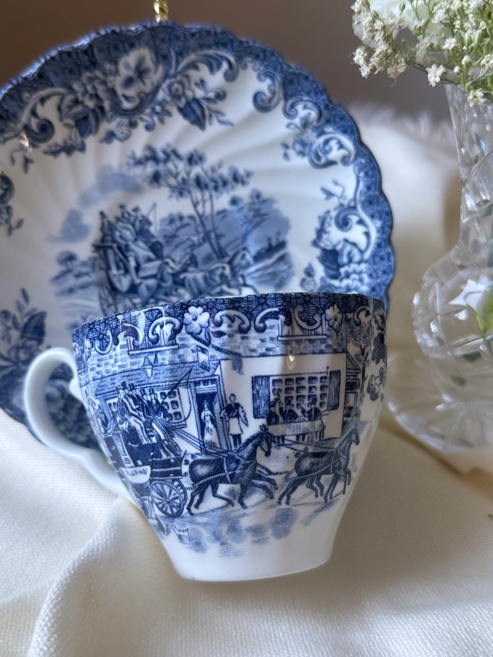 Blue and White Porcelain Teacup and Saucer - Classic Transferware